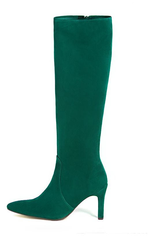 Emerald green women's feminine knee-high boots. Tapered toe. High slim heel. Made to measure. Profile view - Florence KOOIJMAN